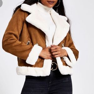 River Island Brown super soft faux suede shearling fallaway jacket size …